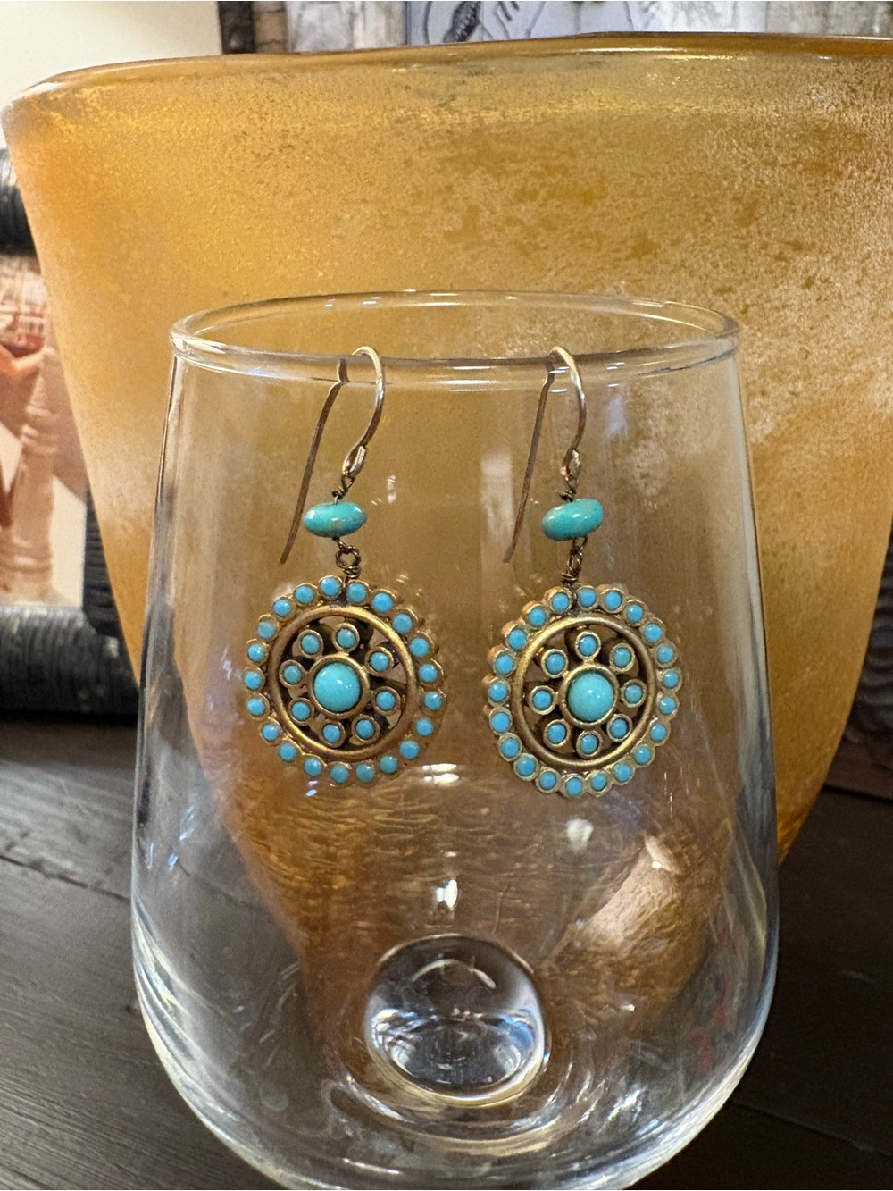 Turquoise Beaded Circle Drop Earrings - Unbranded